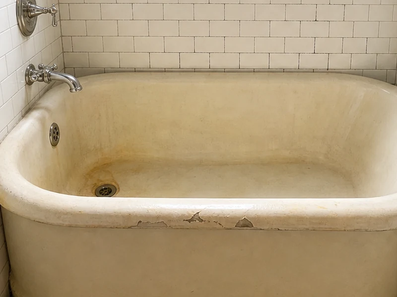 Worn 1920s cast-iron bathtub with rust and chipped enamel in a Temescal bungalow, Oakland, before reglazing