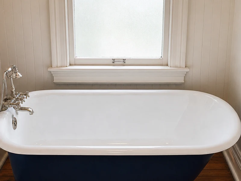 Refinished white clawfoot cast-iron tub with claw feet in an Oakland Victorian bathroom
