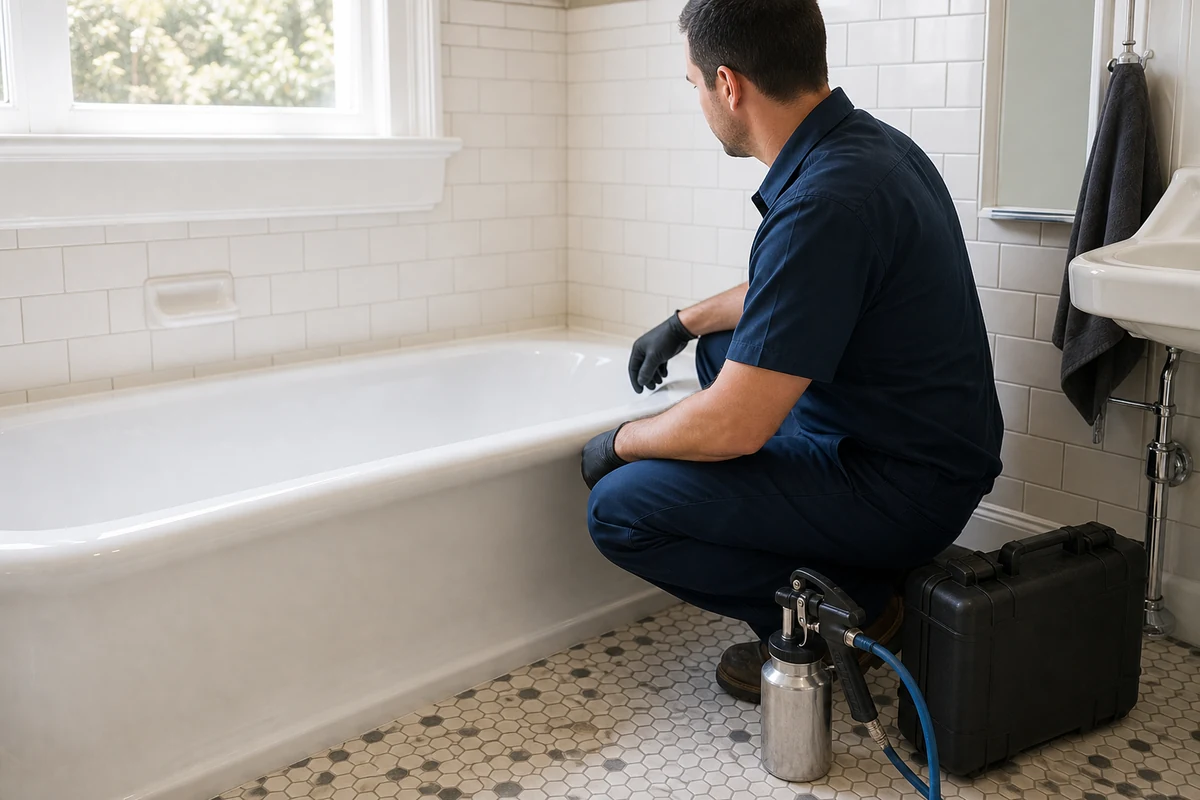 Oakland Tub & Tile Refinishing technician spraying a refinished bathtub in Oakland