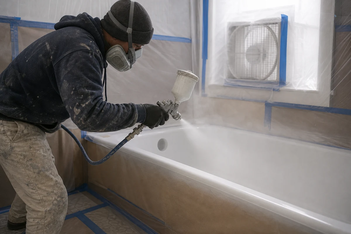 Oakland refinisher in a supplied-air respirator spraying a tub in a ventilated bathroom