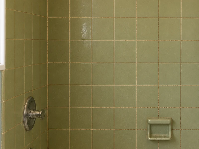 Dated avocado-green tub-surround tile with stained grout in a 1970s Glenview Oakland bathroom